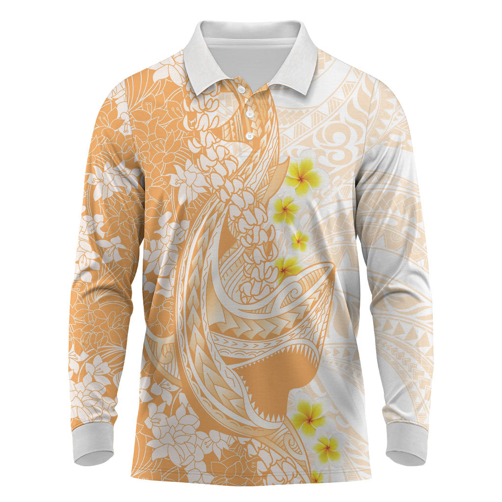 Orange Hawaii Shark Tattoo Long Sleeve Polo Shirt Puakenikeni Lei Plumeria Polynesian Pattern LT14 Orange - Polynesian Pride