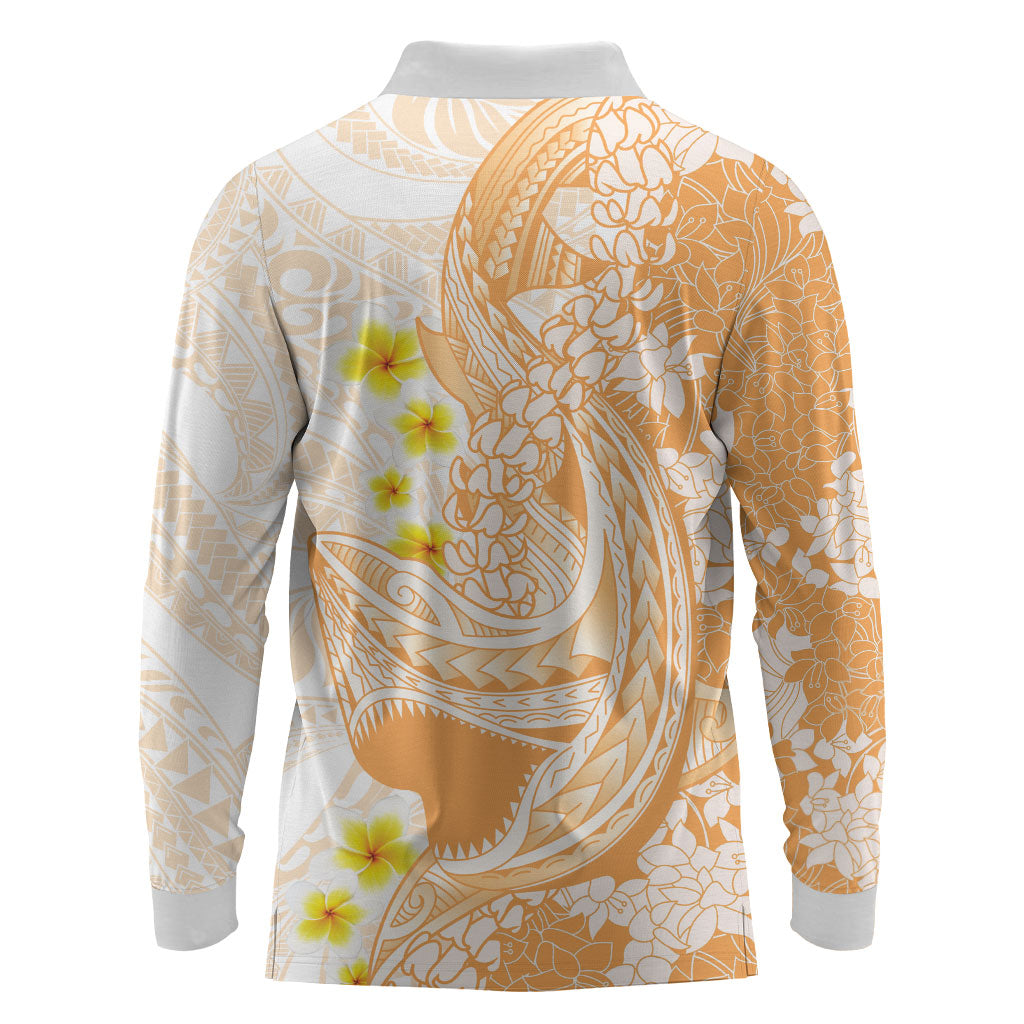 Orange Hawaii Shark Tattoo Long Sleeve Polo Shirt Puakenikeni Lei Plumeria Polynesian Pattern LT14 - Polynesian Pride