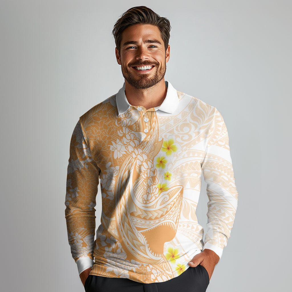 Orange Hawaii Shark Tattoo Long Sleeve Polo Shirt Puakenikeni Lei Plumeria Polynesian Pattern LT14 - Polynesian Pride