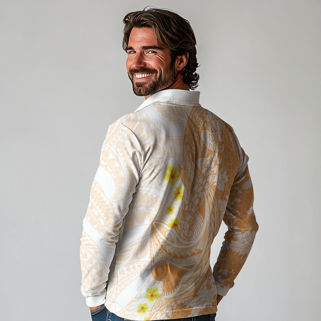 Orange Hawaii Shark Tattoo Long Sleeve Polo Shirt Puakenikeni Lei Plumeria Polynesian Pattern LT14 - Polynesian Pride