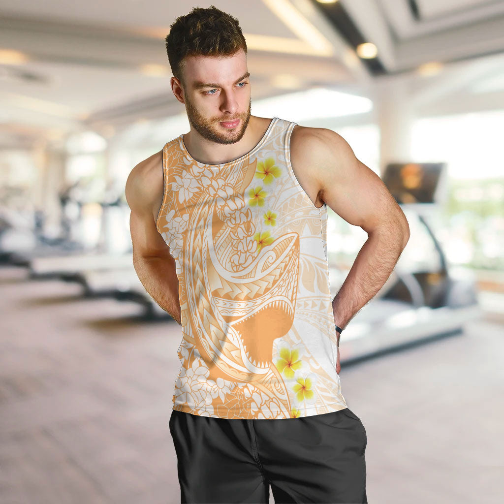 Orange Hawaii Shark Tattoo Men Tank Top Puakenikeni Lei Plumeria Polynesian Pattern