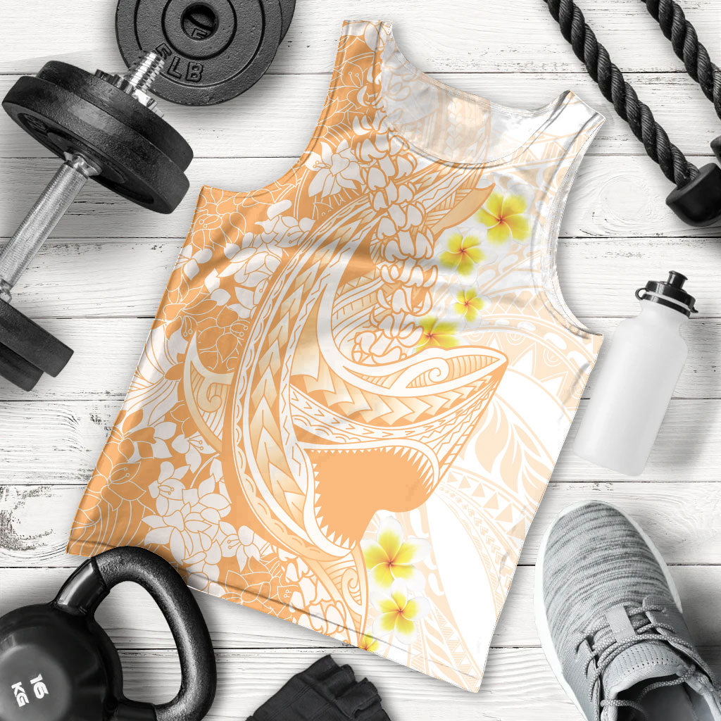 Orange Hawaii Shark Tattoo Men Tank Top Puakenikeni Lei Plumeria Polynesian Pattern