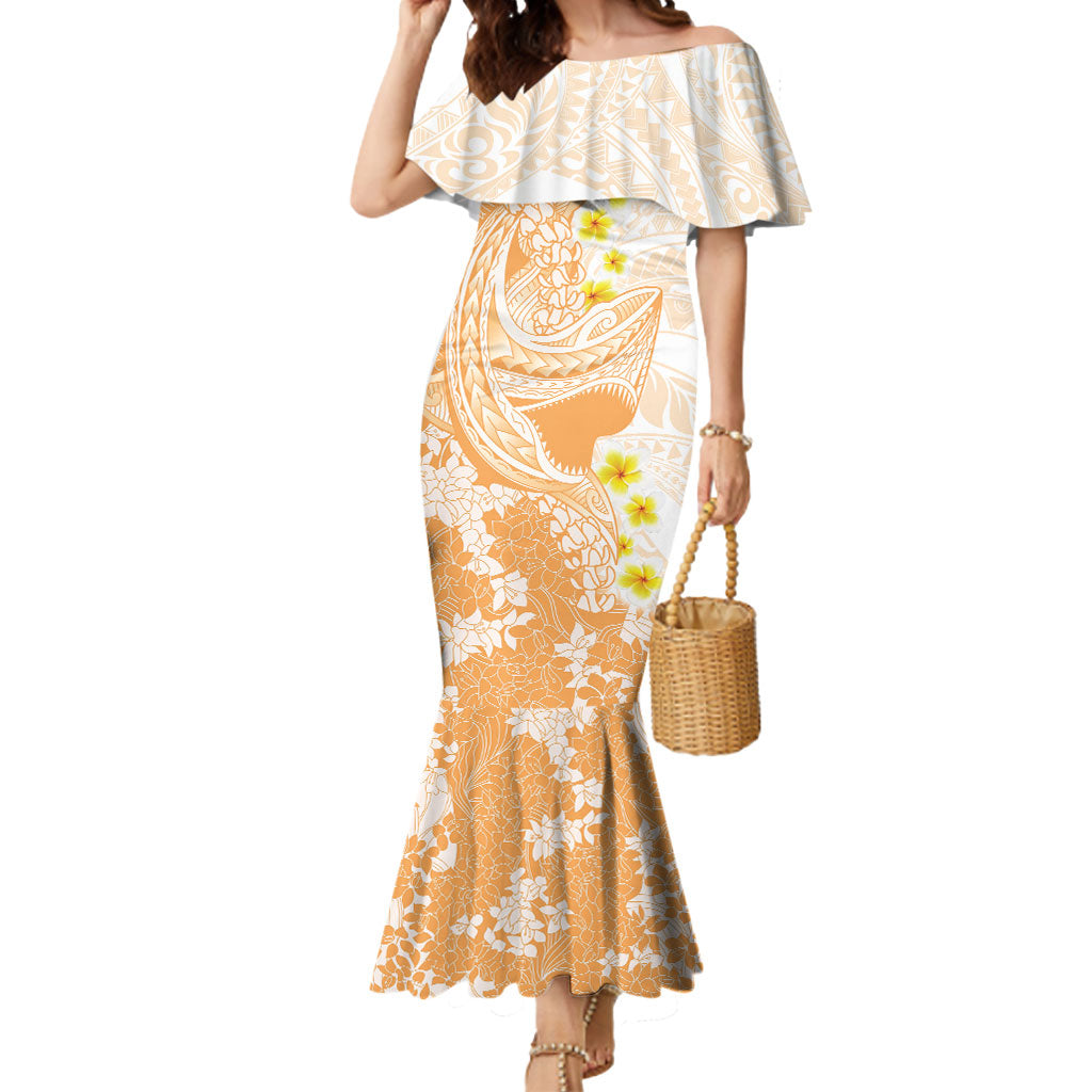 Orange Hawaii Shark Tattoo Mermaid Dress Puakenikeni Lei Plumeria Polynesian Pattern