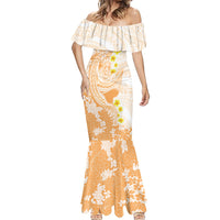 Orange Hawaii Shark Tattoo Mermaid Dress Puakenikeni Lei Plumeria Polynesian Pattern
