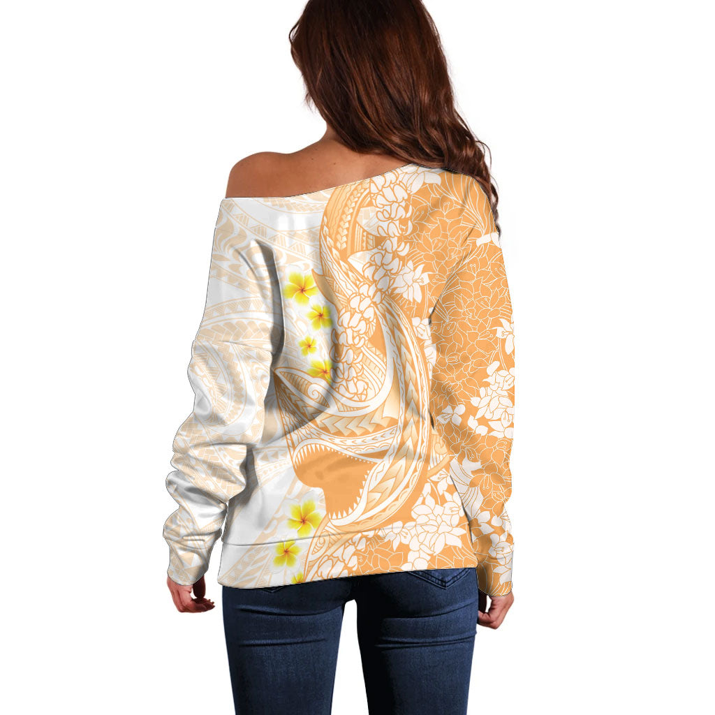 Orange Hawaii Shark Tattoo Off Shoulder Sweater Puakenikeni Lei Plumeria Polynesian Pattern