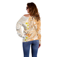 Orange Hawaii Shark Tattoo Off Shoulder Sweater Puakenikeni Lei Plumeria Polynesian Pattern