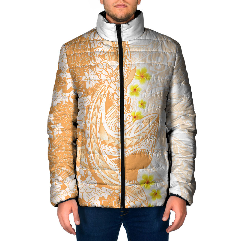 Orange Hawaii Shark Tattoo Padded Jacket Puakenikeni Lei Plumeria Polynesian Pattern