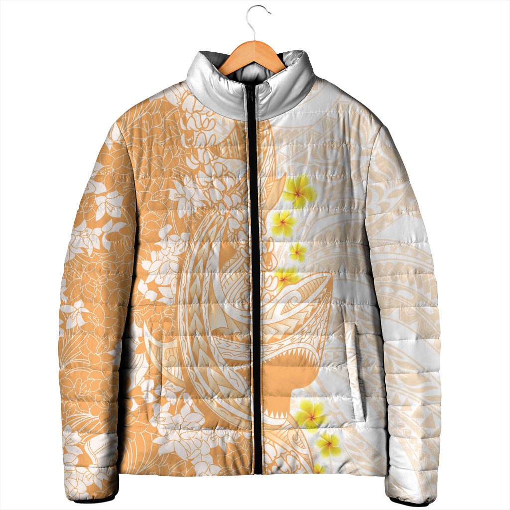 Orange Hawaii Shark Tattoo Padded Jacket Puakenikeni Lei Plumeria Polynesian Pattern