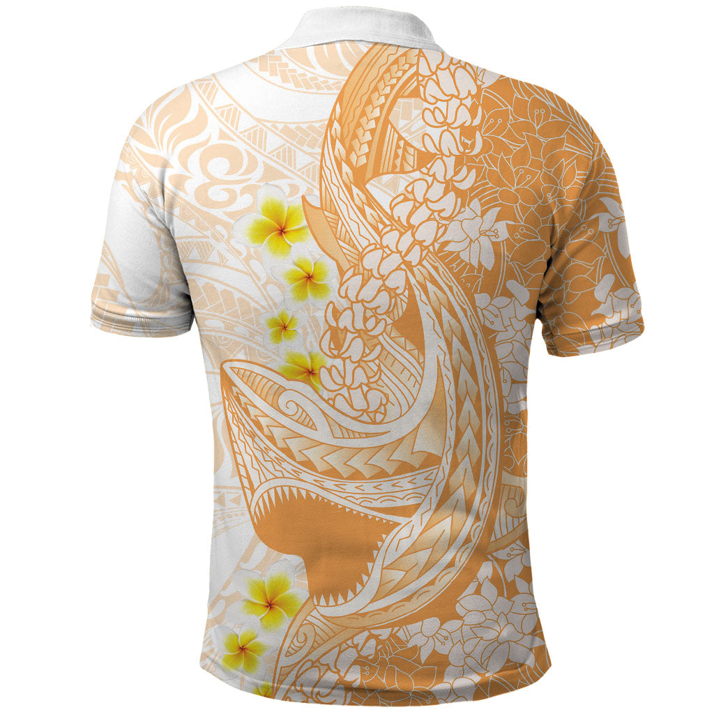 Orange Hawaii Shark Tattoo Polo Shirt Puakenikeni Lei Plumeria Polynesian Pattern