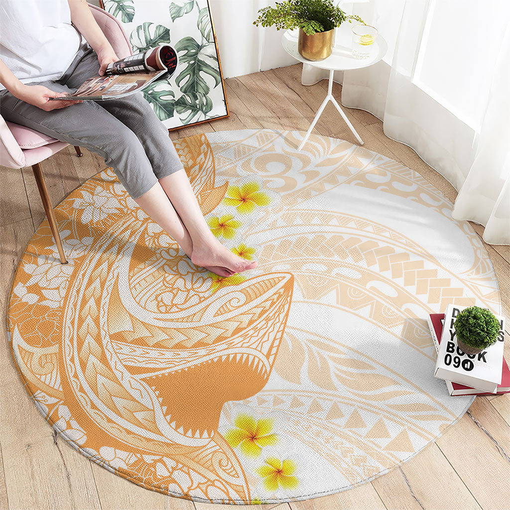 Orange Hawaii Shark Tattoo Round Carpet Puakenikeni Lei Plumeria Polynesian Pattern