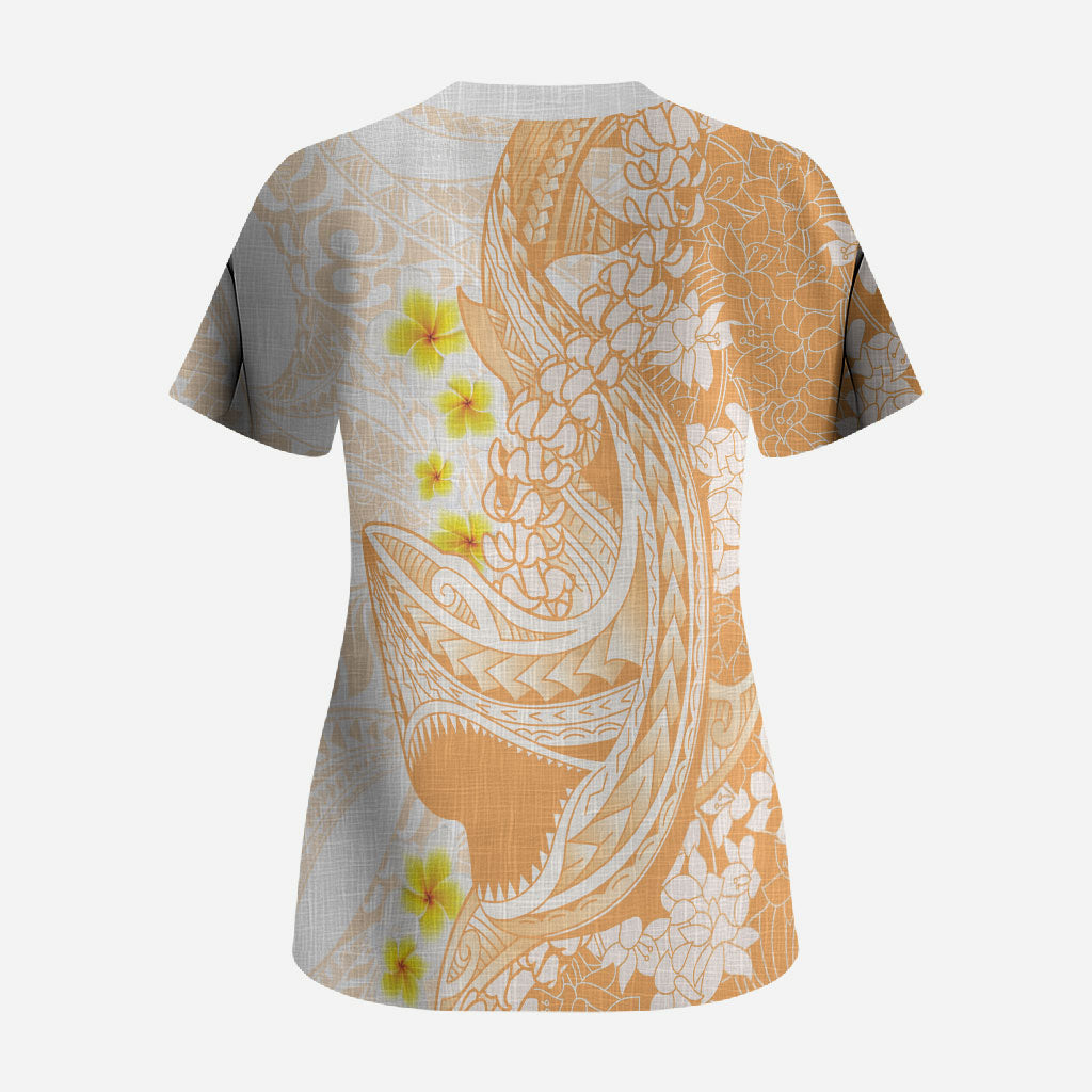 Orange Hawaii Shark Tattoo Scrub Top Puakenikeni Lei Plumeria Polynesian Pattern