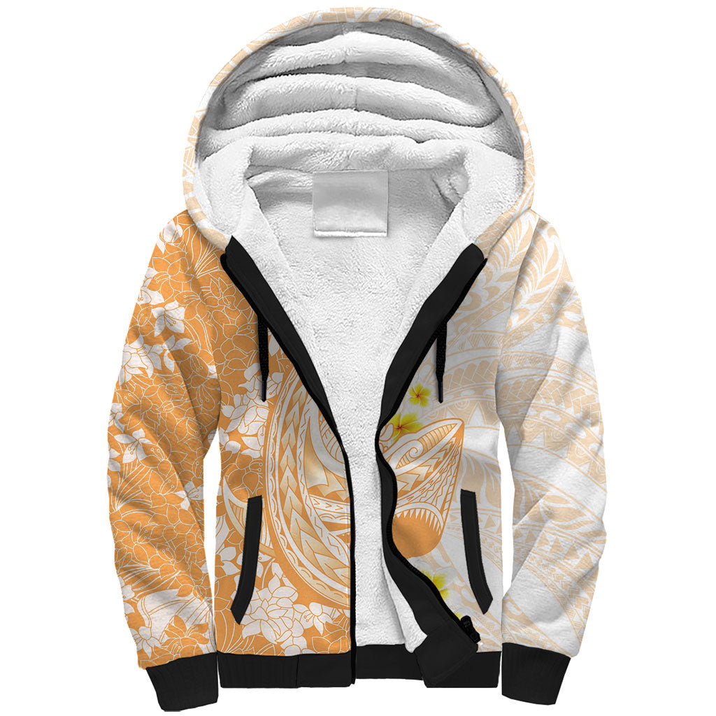 Orange Hawaii Shark Tattoo Sherpa Hoodie Puakenikeni Lei Plumeria Polynesian Pattern LT14 Unisex Orange - Polynesian Pride