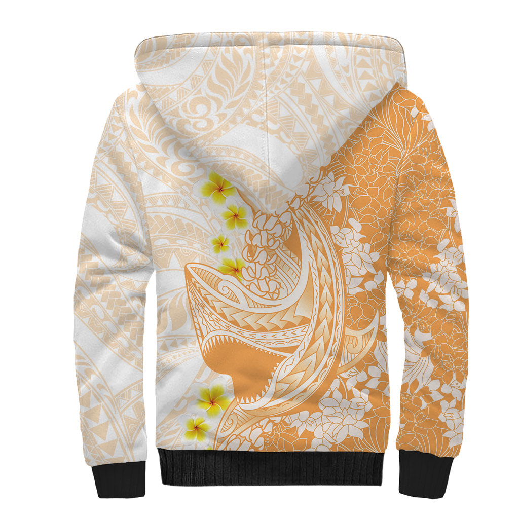Orange Hawaii Shark Tattoo Sherpa Hoodie Puakenikeni Lei Plumeria Polynesian Pattern LT14 - Polynesian Pride