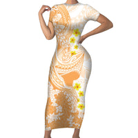 Orange Hawaii Shark Tattoo Short Sleeve Bodycon Dress Puakenikeni Lei Plumeria Polynesian Pattern