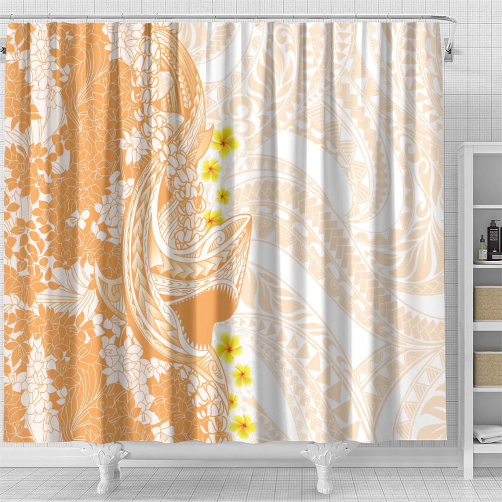 Orange Hawaii Shark Tattoo Shower Curtain Puakenikeni Lei Plumeria Polynesian Pattern