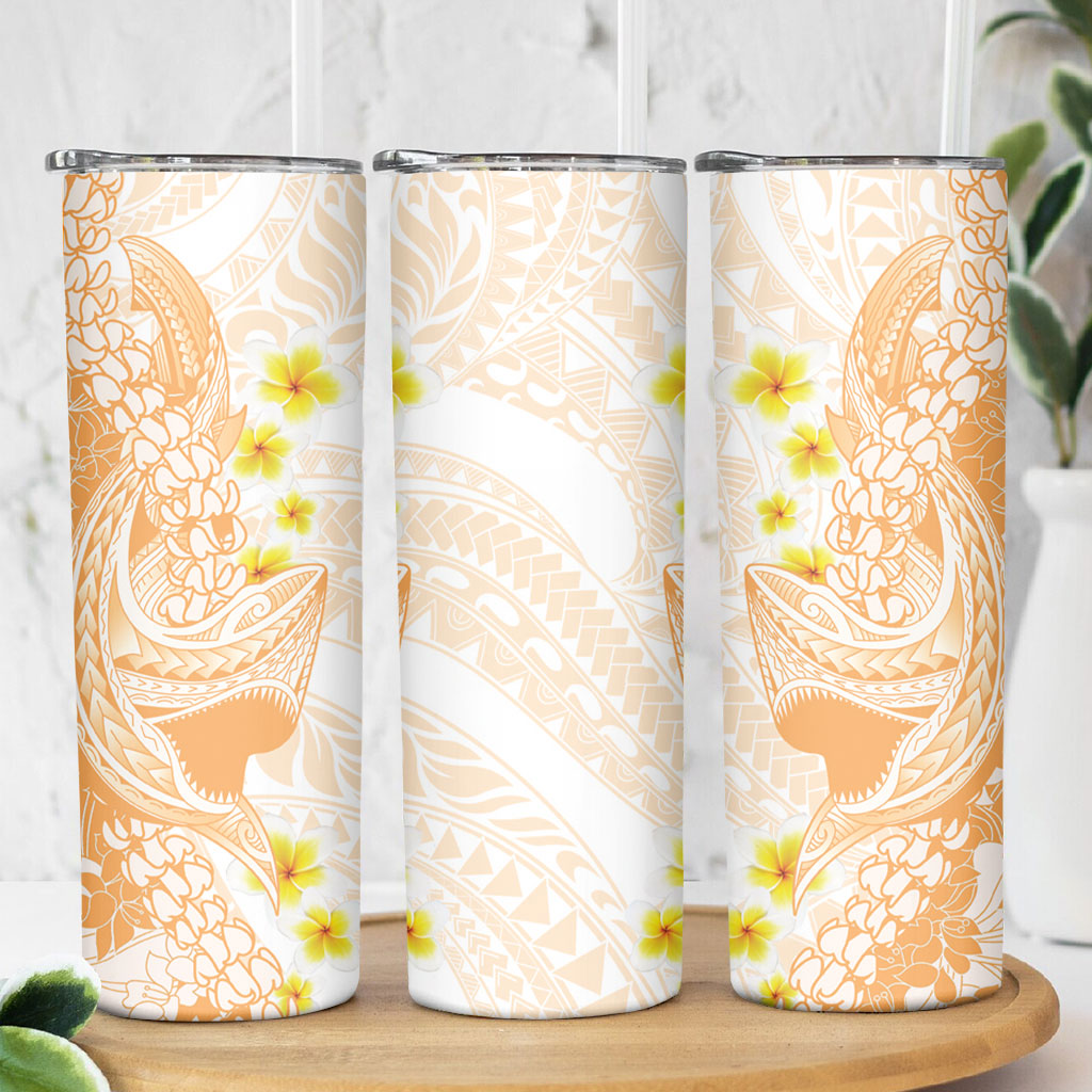 Orange Hawaii Shark Tattoo Skinny Tumbler Puakenikeni Lei Plumeria Polynesian Pattern