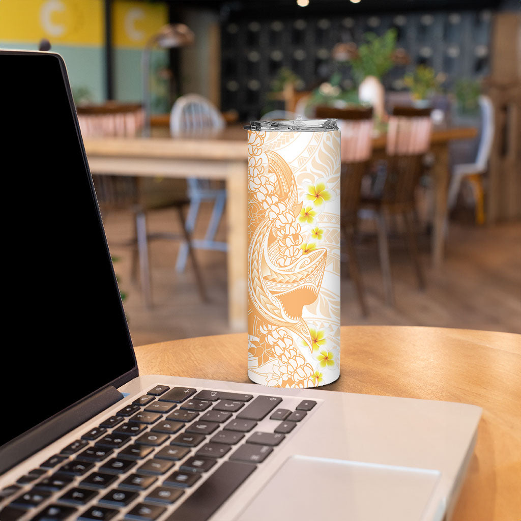 Orange Hawaii Shark Tattoo Skinny Tumbler Puakenikeni Lei Plumeria Polynesian Pattern
