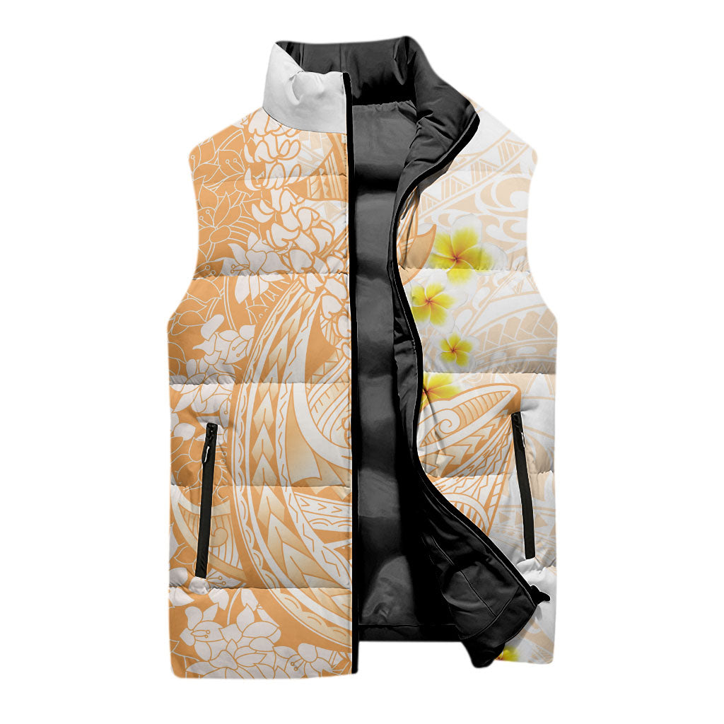 Orange Hawaii Shark Tattoo Sleeveless Puffer Jacket Puakenikeni Lei Plumeria Polynesian Pattern