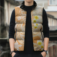Orange Hawaii Shark Tattoo Sleeveless Puffer Jacket Puakenikeni Lei Plumeria Polynesian Pattern