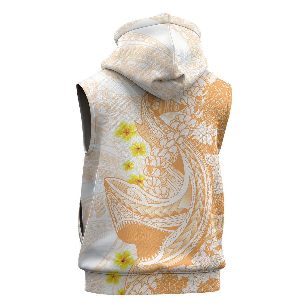 Orange Hawaii Shark Tattoo Sleeveless Zip Hoodie Puakenikeni Lei Plumeria Polynesian Pattern