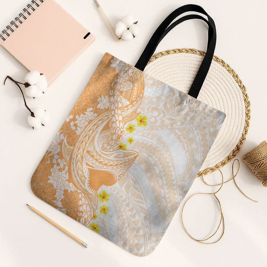 Orange Hawaii Shark Tattoo Tote Bag Puakenikeni Lei Plumeria Polynesian Pattern
