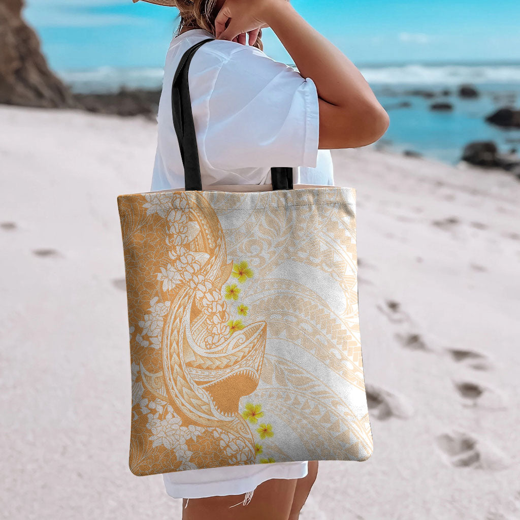 Orange Hawaii Shark Tattoo Tote Bag Puakenikeni Lei Plumeria Polynesian Pattern