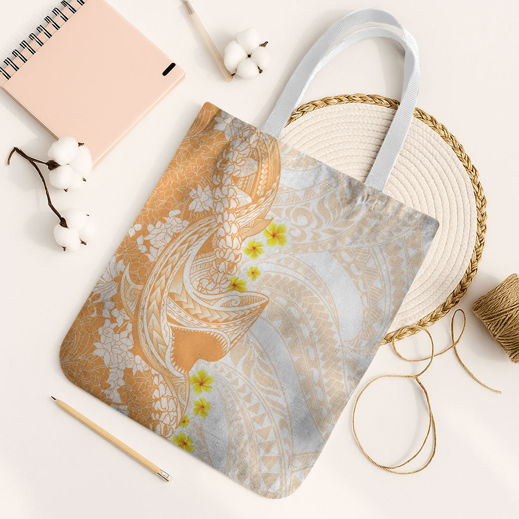 Orange Hawaii Shark Tattoo Tote Bag Puakenikeni Lei Plumeria Polynesian Pattern