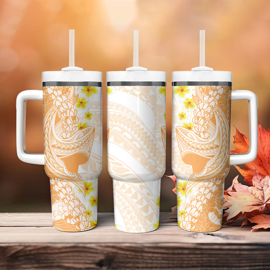 Orange Hawaii Shark Tattoo Tumbler With Handle Puakenikeni Lei Plumeria Polynesian Pattern