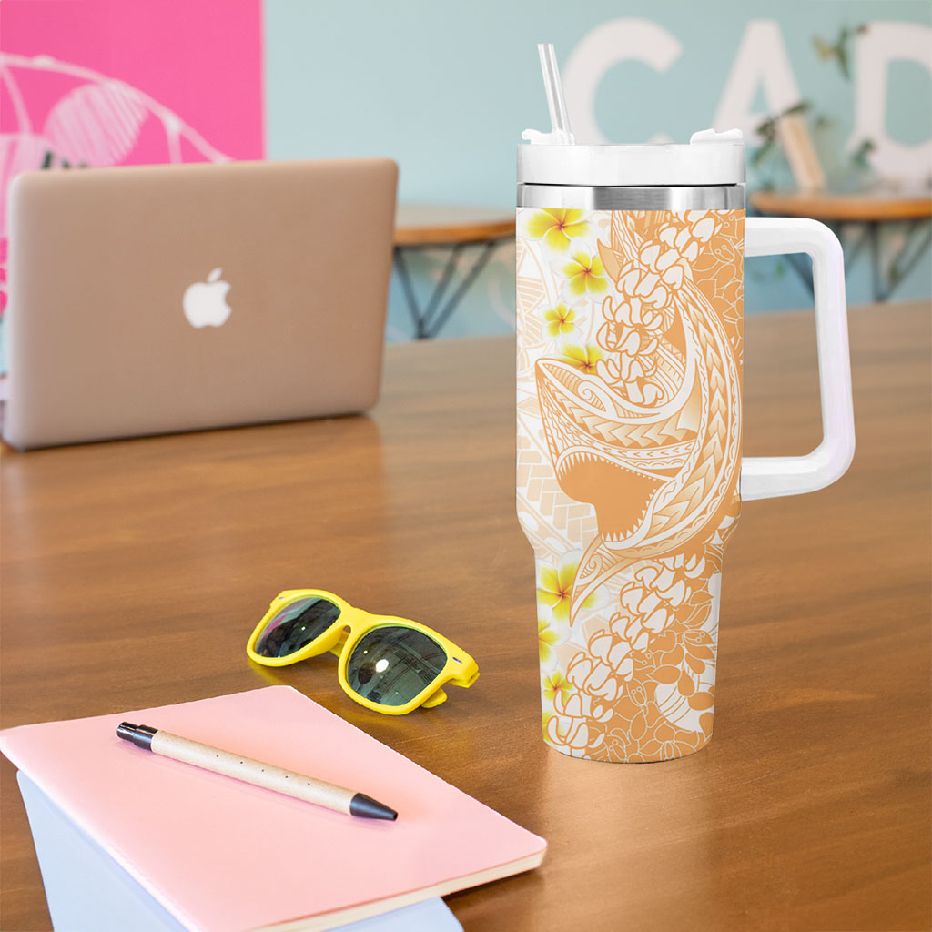 Orange Hawaii Shark Tattoo Tumbler With Handle Puakenikeni Lei Plumeria Polynesian Pattern