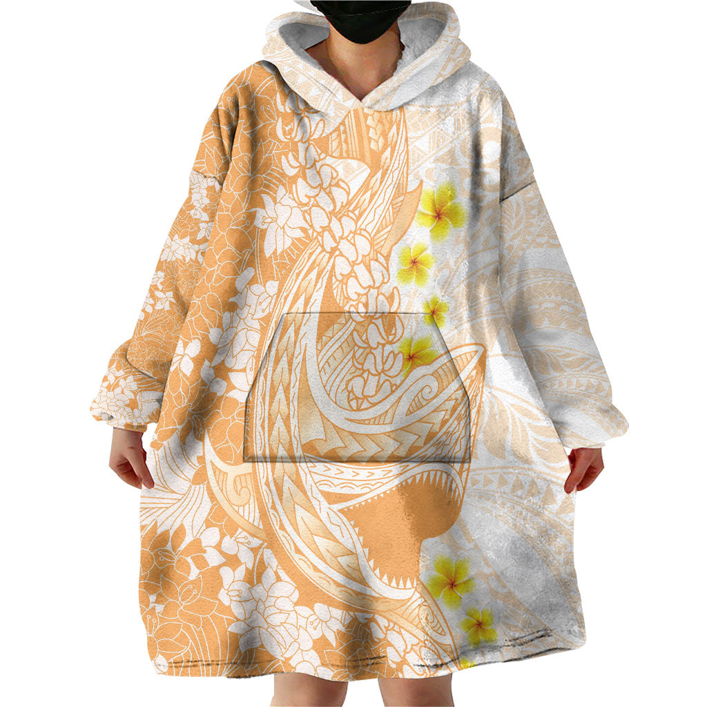 Orange Hawaii Shark Tattoo Wearable Blanket Hoodie Puakenikeni Lei Plumeria Polynesian Pattern