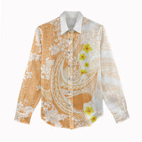 Orange Hawaii Shark Tattoo Women Casual Shirt Puakenikeni Lei Plumeria Polynesian Pattern
