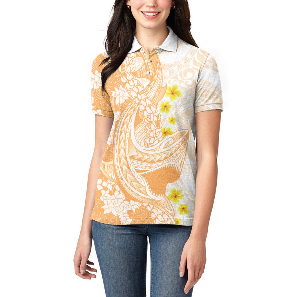 Orange Hawaii Shark Tattoo Women Polo Shirt Puakenikeni Lei Plumeria Polynesian Pattern