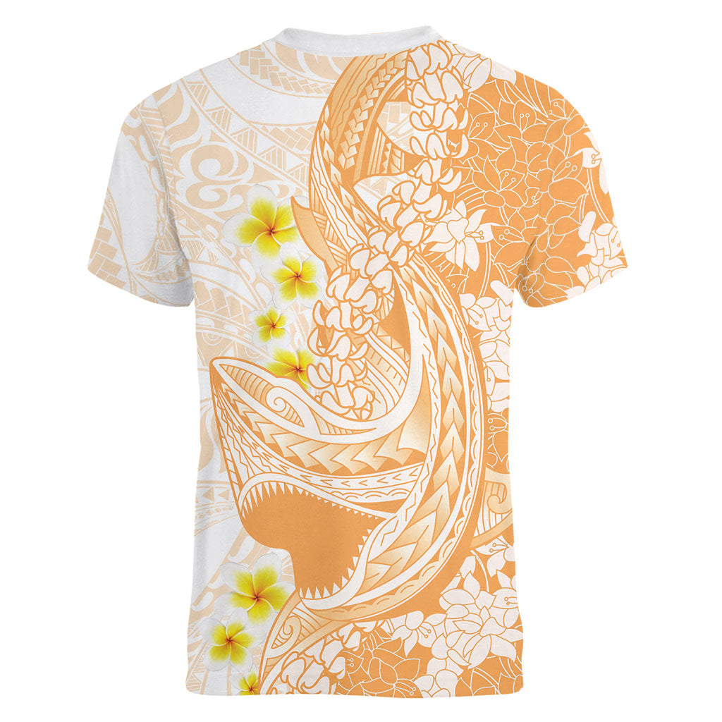Orange Hawaii Shark Tattoo Women V-Neck T-Shirt Puakenikeni Lei Plumeria Polynesian Pattern