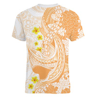 Orange Hawaii Shark Tattoo Women V-Neck T-Shirt Puakenikeni Lei Plumeria Polynesian Pattern