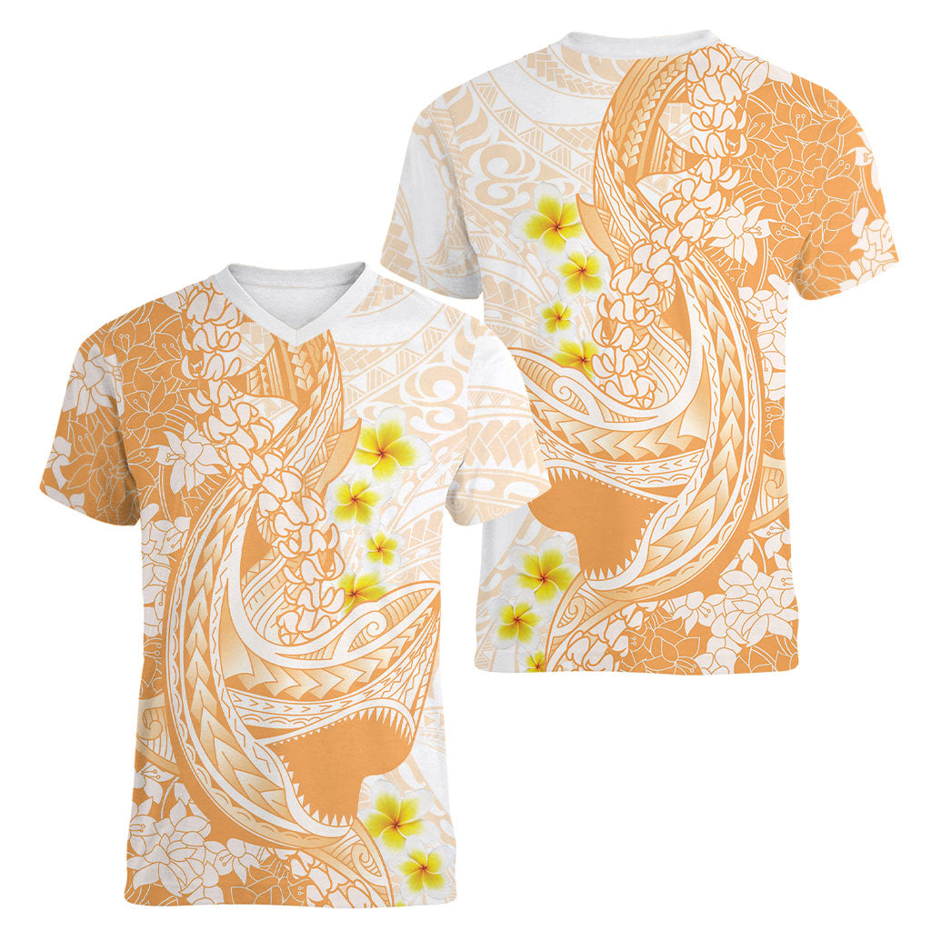 Orange Hawaii Shark Tattoo Women V-Neck T-Shirt Puakenikeni Lei Plumeria Polynesian Pattern