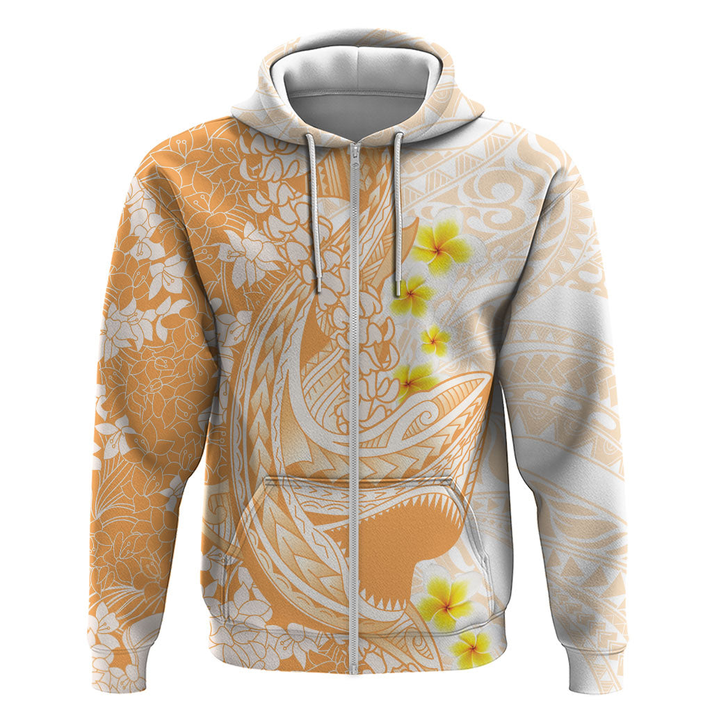 Orange Hawaii Shark Tattoo Zip Hoodie Puakenikeni Lei Plumeria Polynesian Pattern