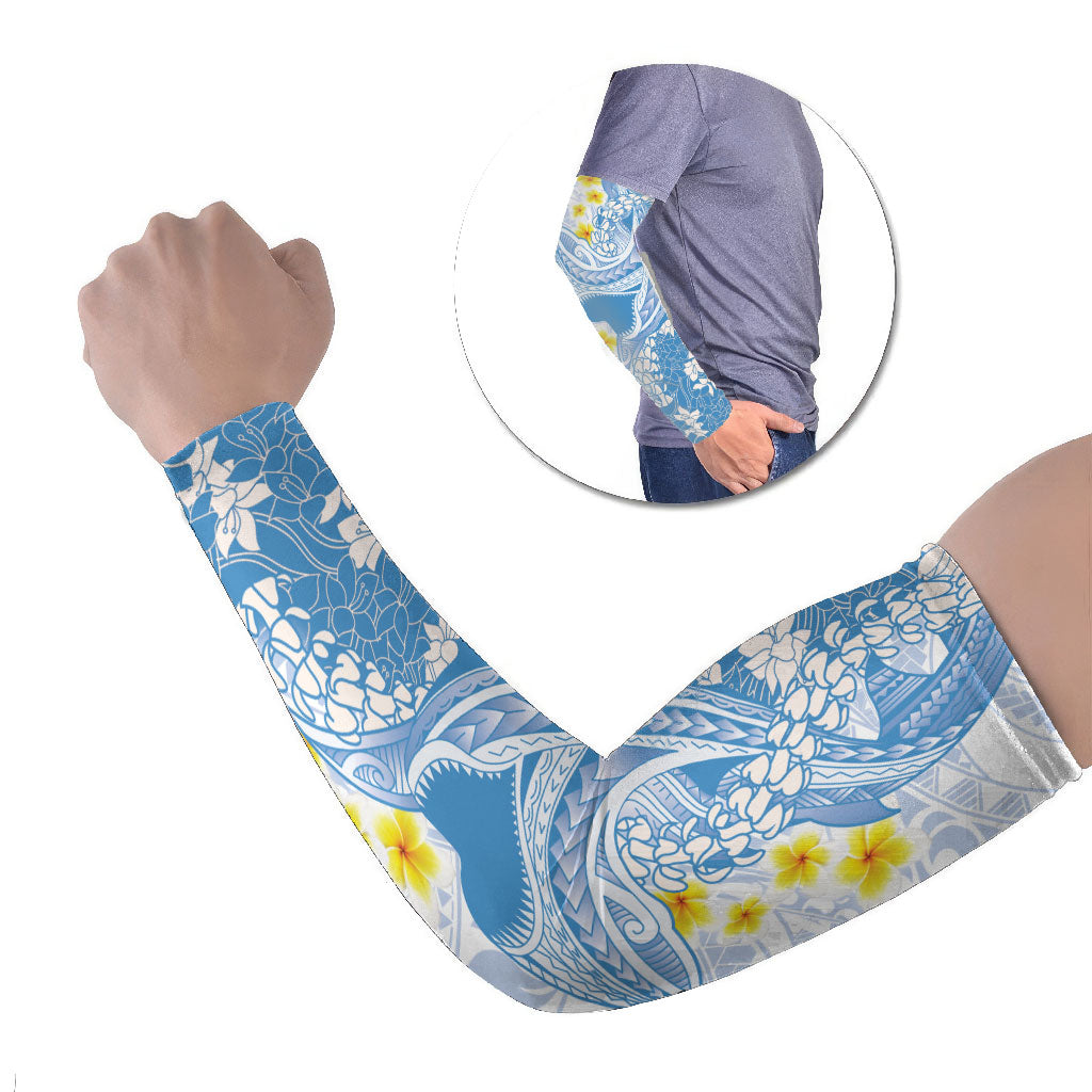 Blue Hawaii Shark Tattoo Arm Sleeves Puakenikeni Lei Plumeria Polynesian Pattern