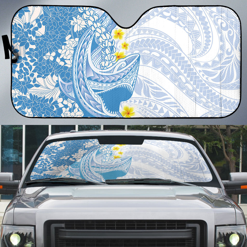 Blue Hawaii Shark Tattoo Auto Sun Shade Puakenikeni Lei Plumeria Polynesian Pattern
