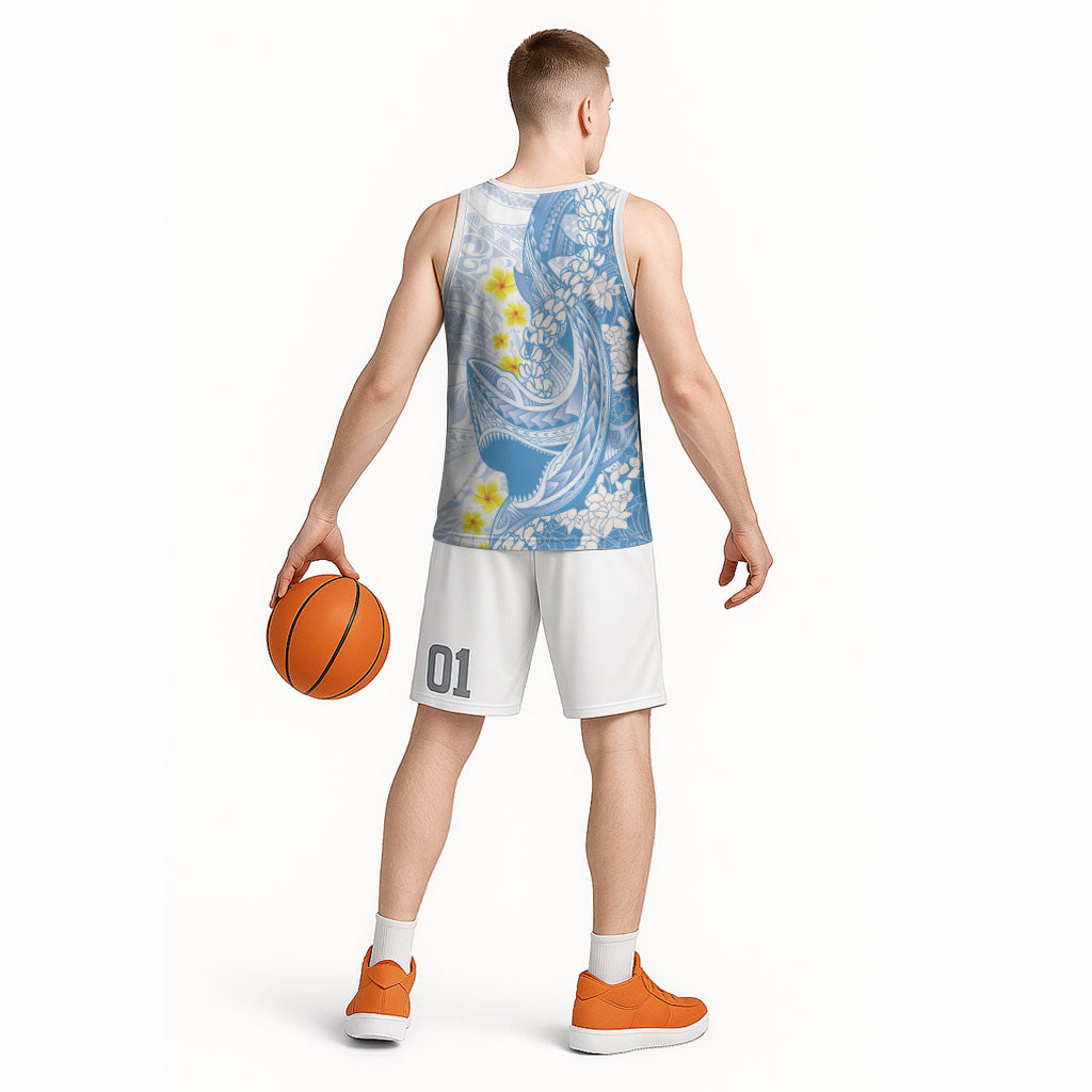 Blue Hawaii Shark Tattoo Basketball Jersey Puakenikeni Lei Plumeria Polynesian Pattern