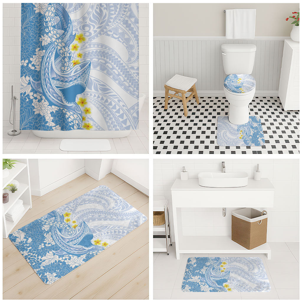 Blue Hawaii Shark Tattoo Bathroom Set Puakenikeni Lei Plumeria Polynesian Pattern
