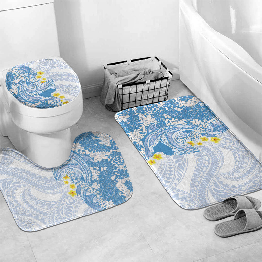 Blue Hawaii Shark Tattoo Bathroom Set Puakenikeni Lei Plumeria Polynesian Pattern