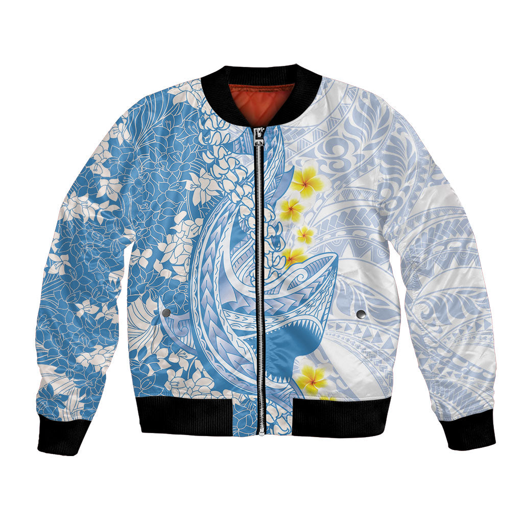Blue Hawaii Shark Tattoo Bomber Jacket Puakenikeni Lei Plumeria Polynesian Pattern