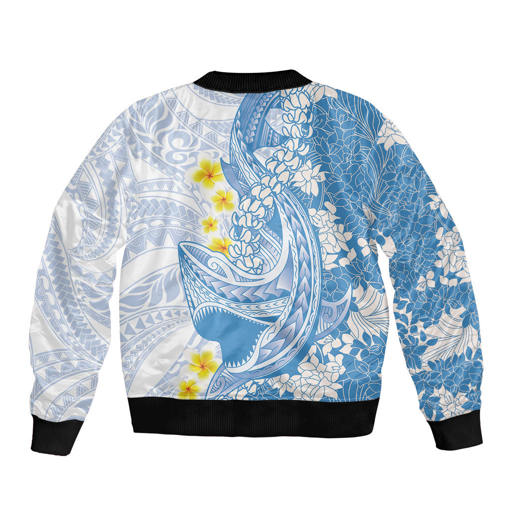 Blue Hawaii Shark Tattoo Bomber Jacket Puakenikeni Lei Plumeria Polynesian Pattern