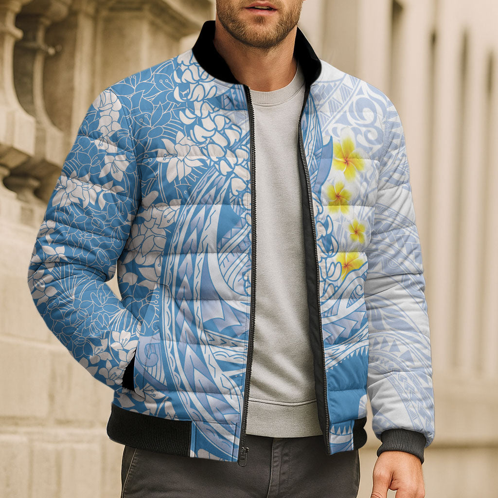 Blue Hawaii Shark Tattoo Bomber Puffer Jacket Puakenikeni Lei Plumeria Polynesian Pattern LT14 - Polynesian Pride