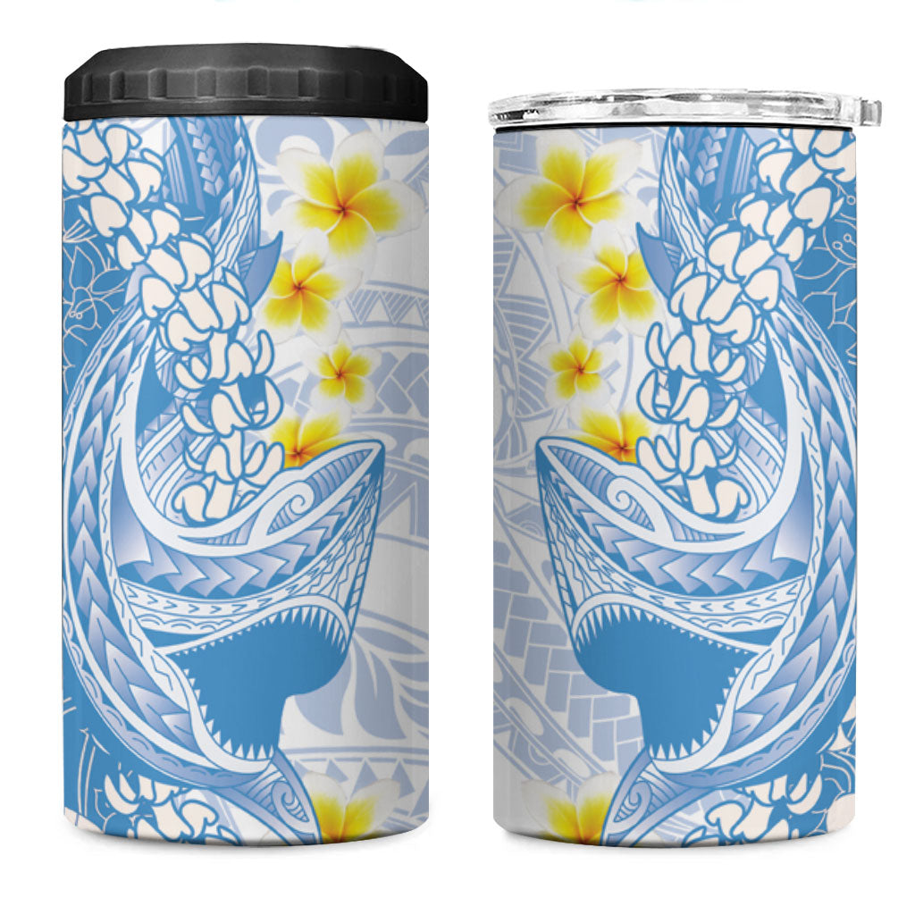 Blue Hawaii Shark Tattoo 4 in 1 Can Cooler Tumbler Puakenikeni Lei Plumeria Polynesian Pattern