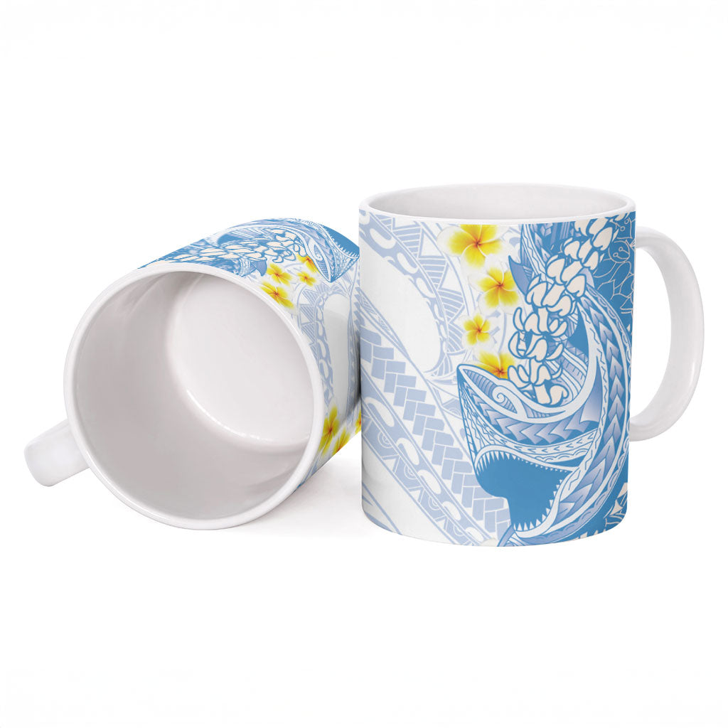 Blue Hawaii Shark Tattoo Ceramic Mug Puakenikeni Lei Plumeria Polynesian Pattern