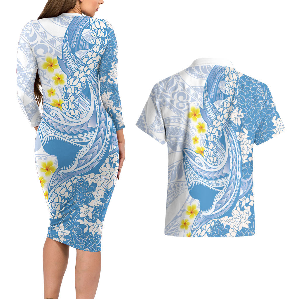 Blue Hawaii Shark Tattoo Couples Matching Long Sleeve Bodycon Dress and Hawaiian Shirt Puakenikeni Lei Plumeria Polynesian Pattern