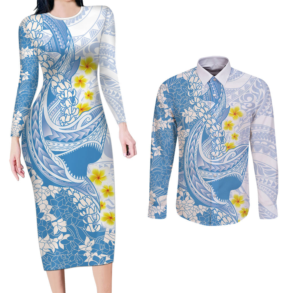 Blue Hawaii Shark Tattoo Couples Matching Long Sleeve Bodycon Dress and Long Sleeve Button Shirt Puakenikeni Lei Plumeria Polynesian Pattern