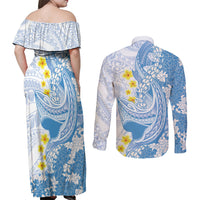 Blue Hawaii Shark Tattoo Couples Matching Off Shoulder Maxi Dress and Long Sleeve Button Shirt Puakenikeni Lei Plumeria Polynesian Pattern