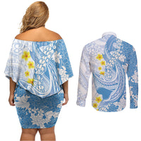 Blue Hawaii Shark Tattoo Couples Matching Off Shoulder Short Dress and Long Sleeve Button Shirt Puakenikeni Lei Plumeria Polynesian Pattern